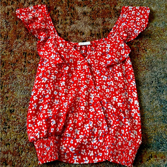 Flutter Sleeve Red Floral Crop Blouse - Picture 1 of 3